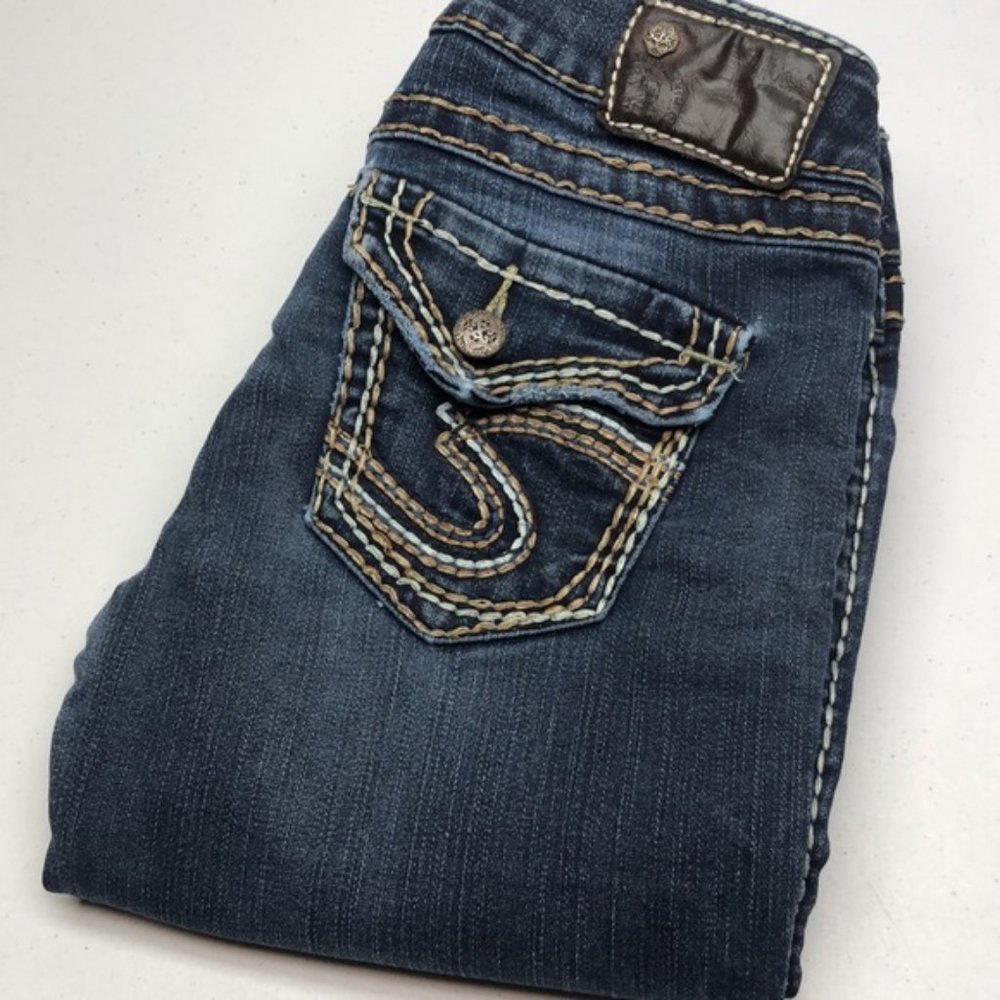 VINTAGE SILVER MCKENZIE JEANS SLIMCUT 26x34 DECORATED FLAP POCKET !! 😎